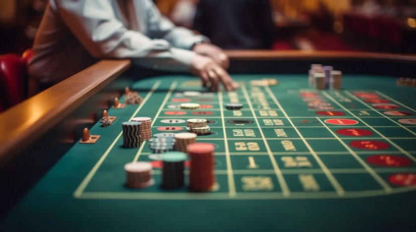 Casino roulette table with playing chips on focus and a man placing his bet in the background