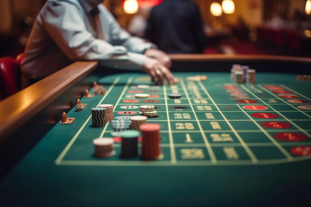 Casino roulette table with playing chips on focus and a man placing his bet in the background